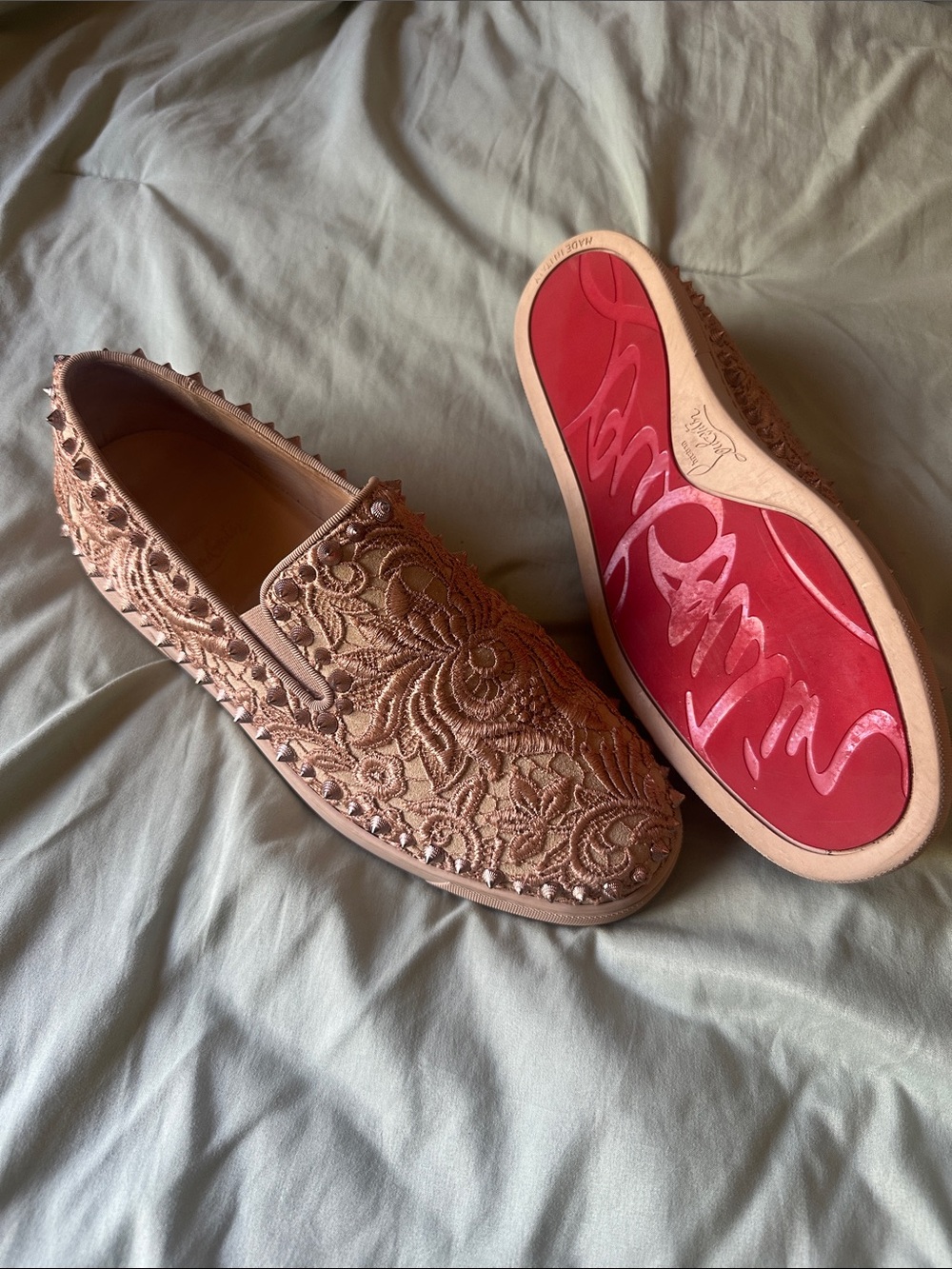 Christian Louboutin Pik Boat Rose Gold Spike Lace Flat